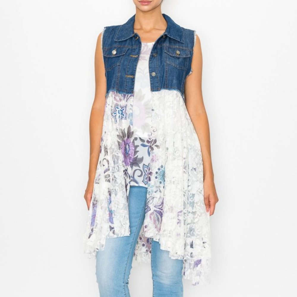 new ORIGAMI DUSTER CARDIGAN VEST FLORAL DENIM & LACE SM-3X western boho chic